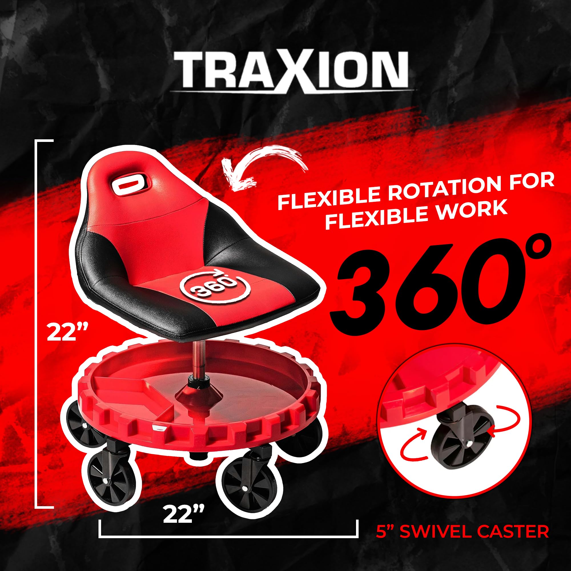 Traxion 2-700 ProGear seat on five-inch casters for easy navigation.