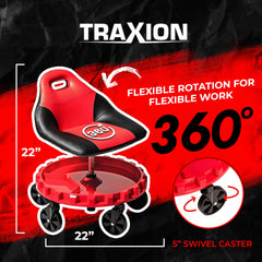 Traxion 2-700 ProGear seat on five-inch casters for easy navigation.