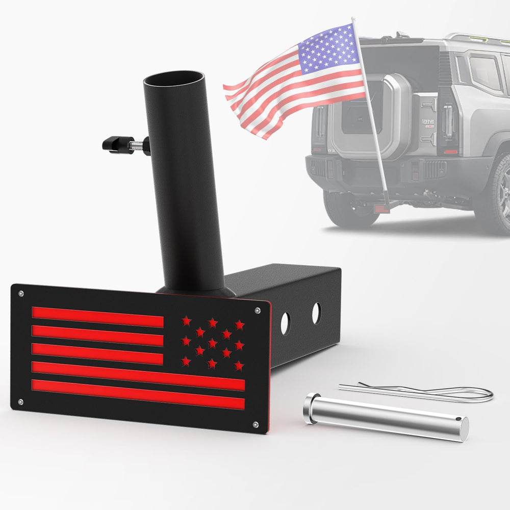 TRCYINC hitch flag holder front view demonstrates sturdy mount for secure flag display.
