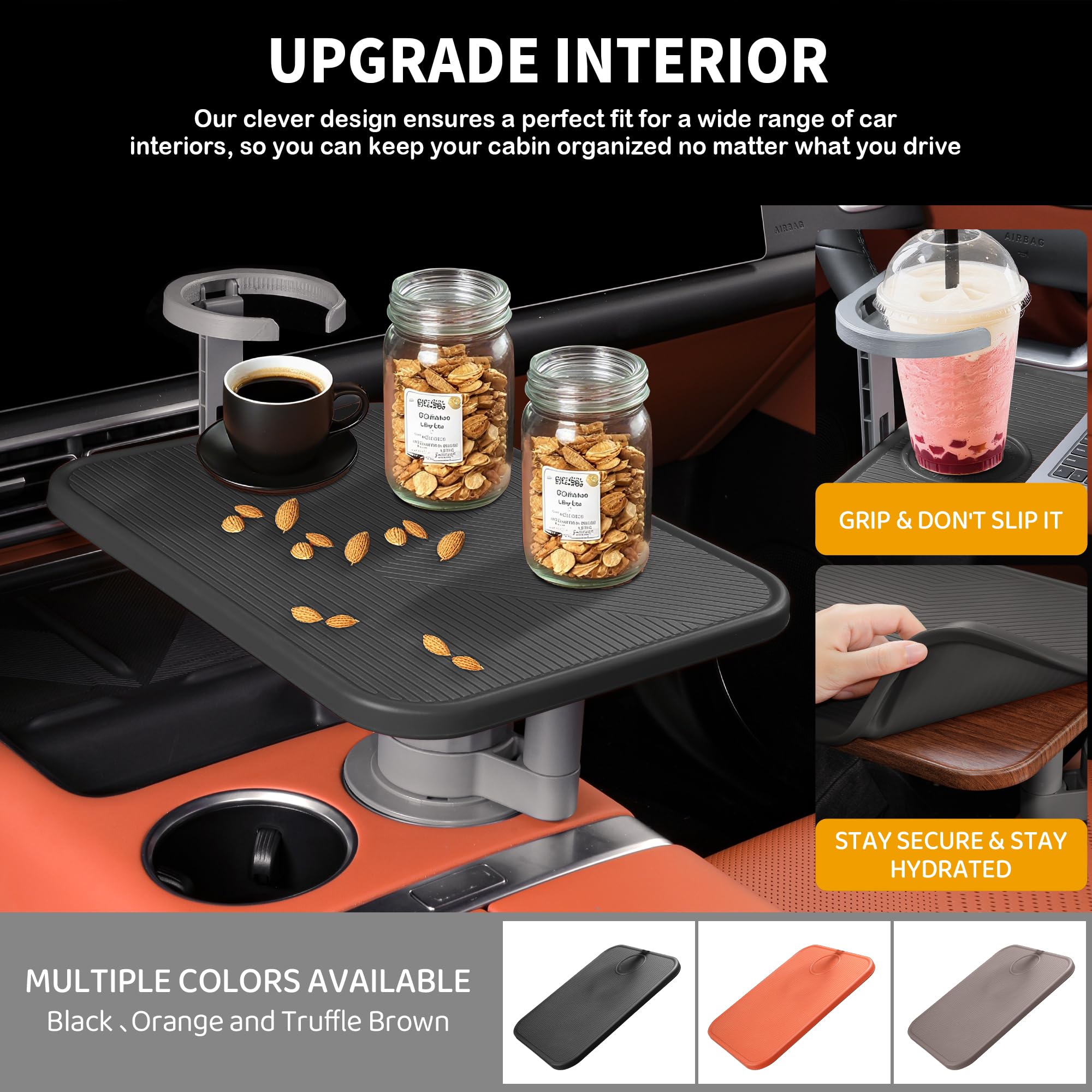 Treesiche steering wheel desk enables hands-free laptop work and snacks.