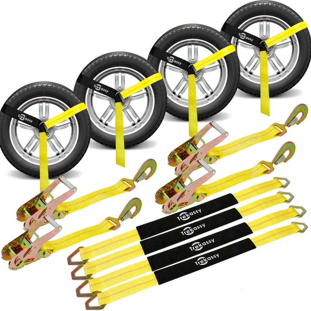Trekassy car tie down strap secures vehicle on trailer with firm hold