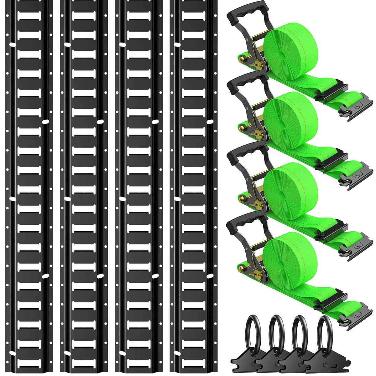 Trekassy 8ft E-Track rail showing 48-slot versatility for multiple tie-downs
