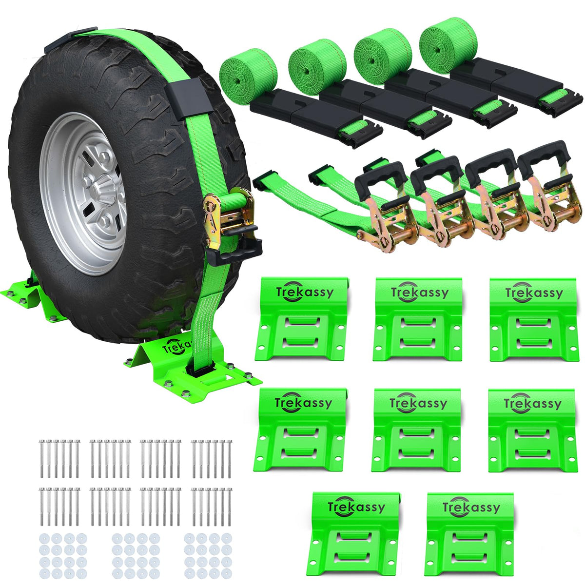 Trekassy E-Track wheel chock system stabilizes ATVs during trailer transport