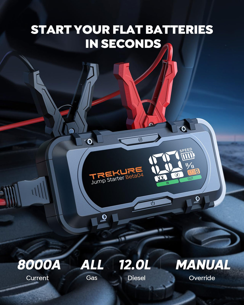TREKURE 8000A extended jumper cables provide strong connections for quick starts.