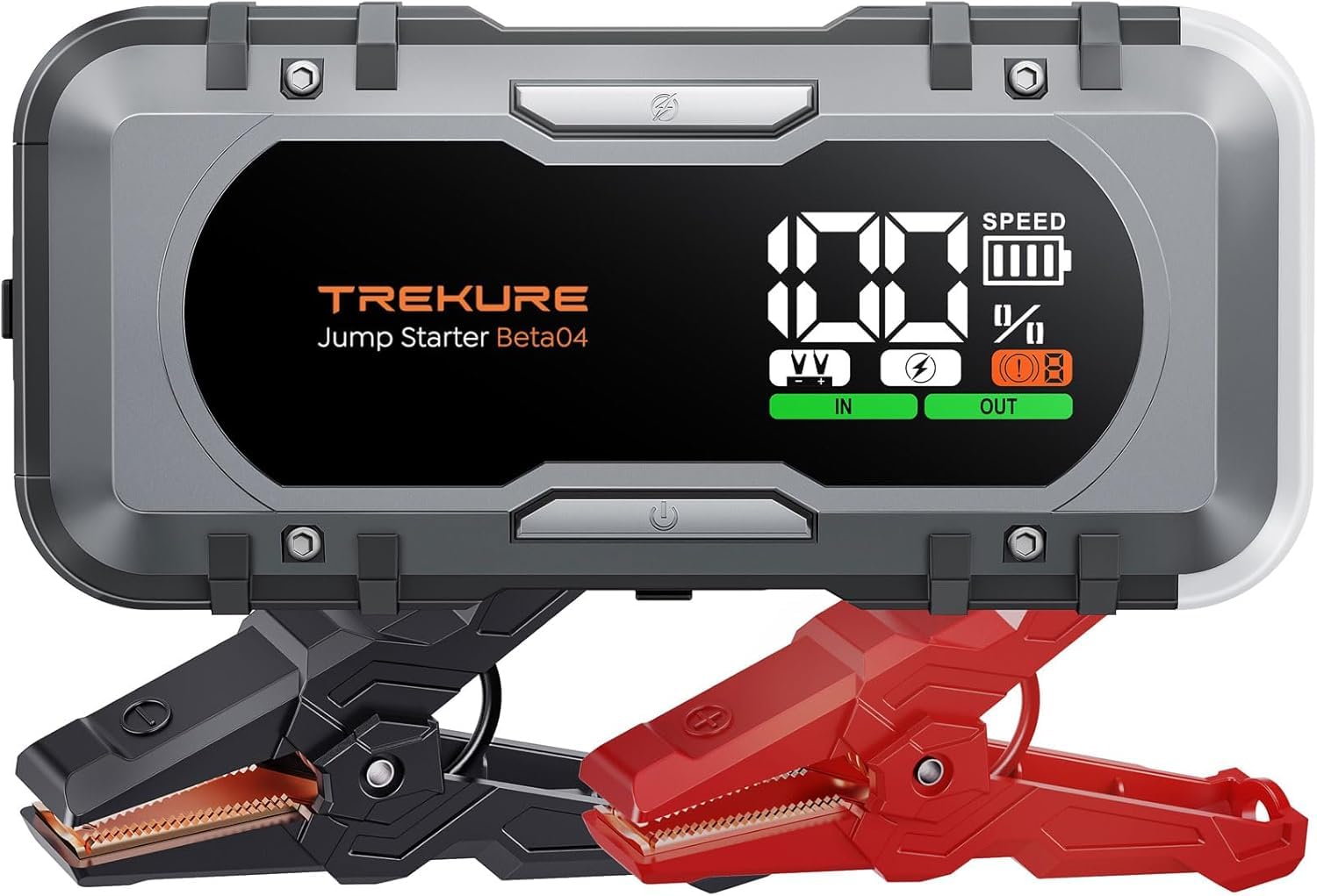 TREKURE 8000A jump starter unit demonstrates portable power for roadside emergencies.
