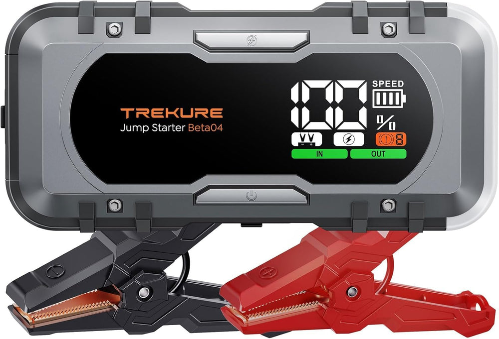 TREKURE 8000A jump starter unit demonstrates portable power for roadside emergencies.