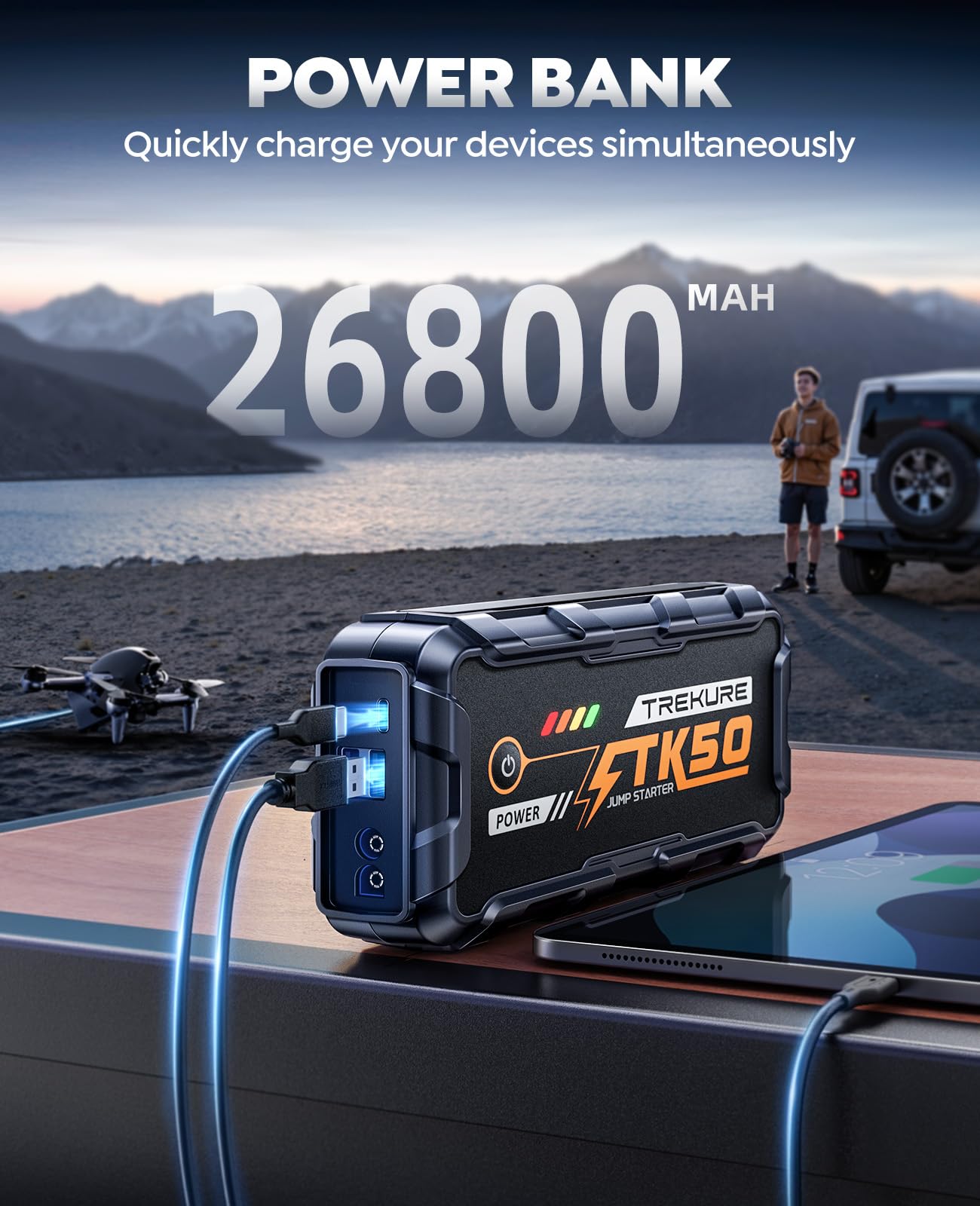 TREKURE car jump starter with 800 lumens LED light for roadside visibility