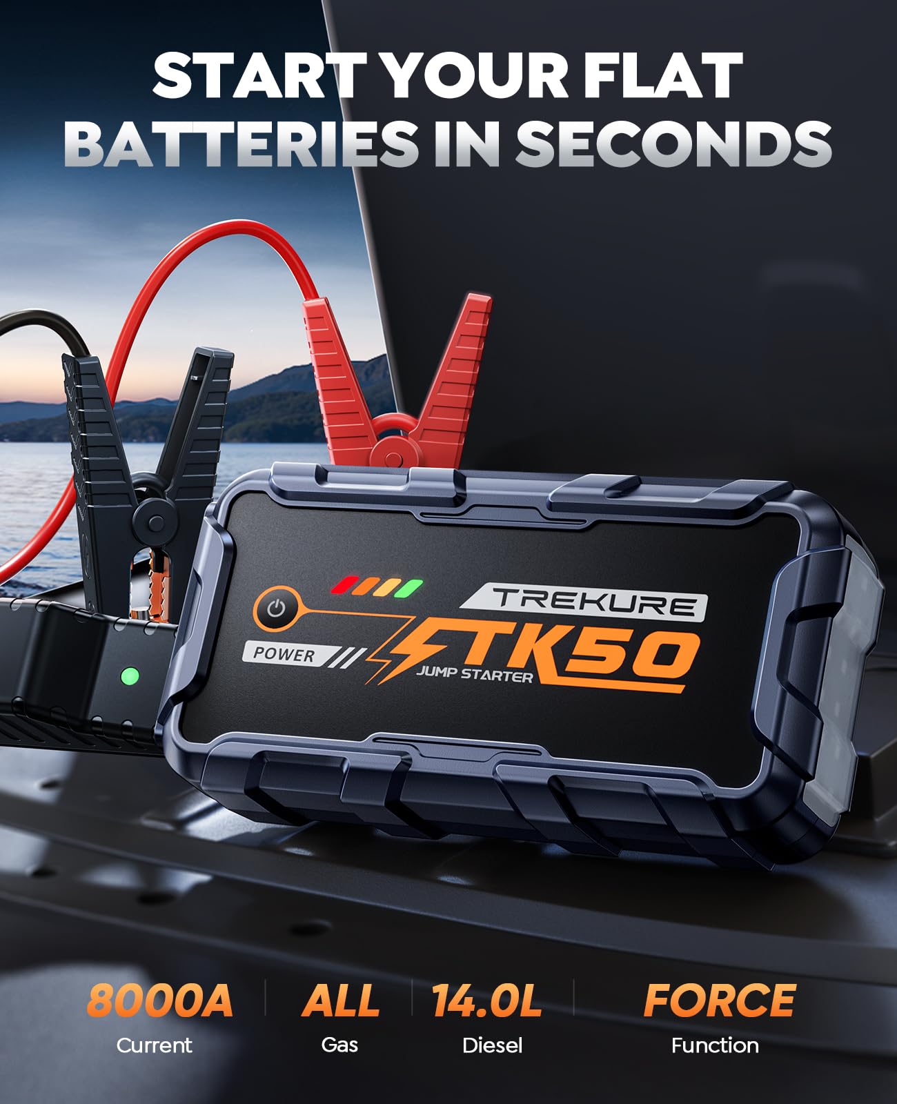 TREKURE jump starter 26800mAh with 18W USB charging powers devices quickly