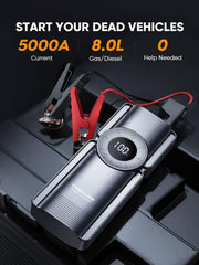 TREKURE portable jump starter in use powering a dead car battery on the road