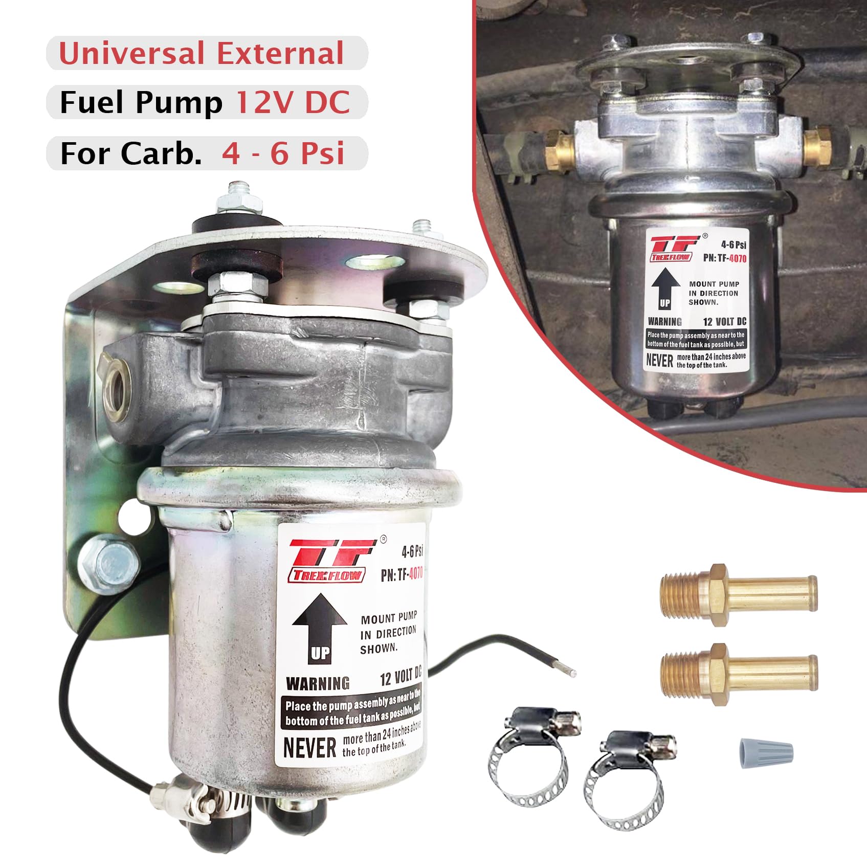 Labelled pump showing 1/4 in. inlet/outlet for carb compatibility.