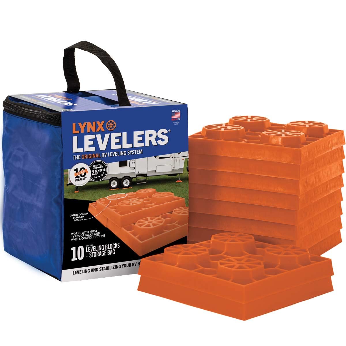 Tri-Lynx Lynx levelers interlocking blocks provide a stable base for RV leveling