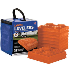 Tri-Lynx Lynx levelers interlocking blocks provide a stable base for RV leveling