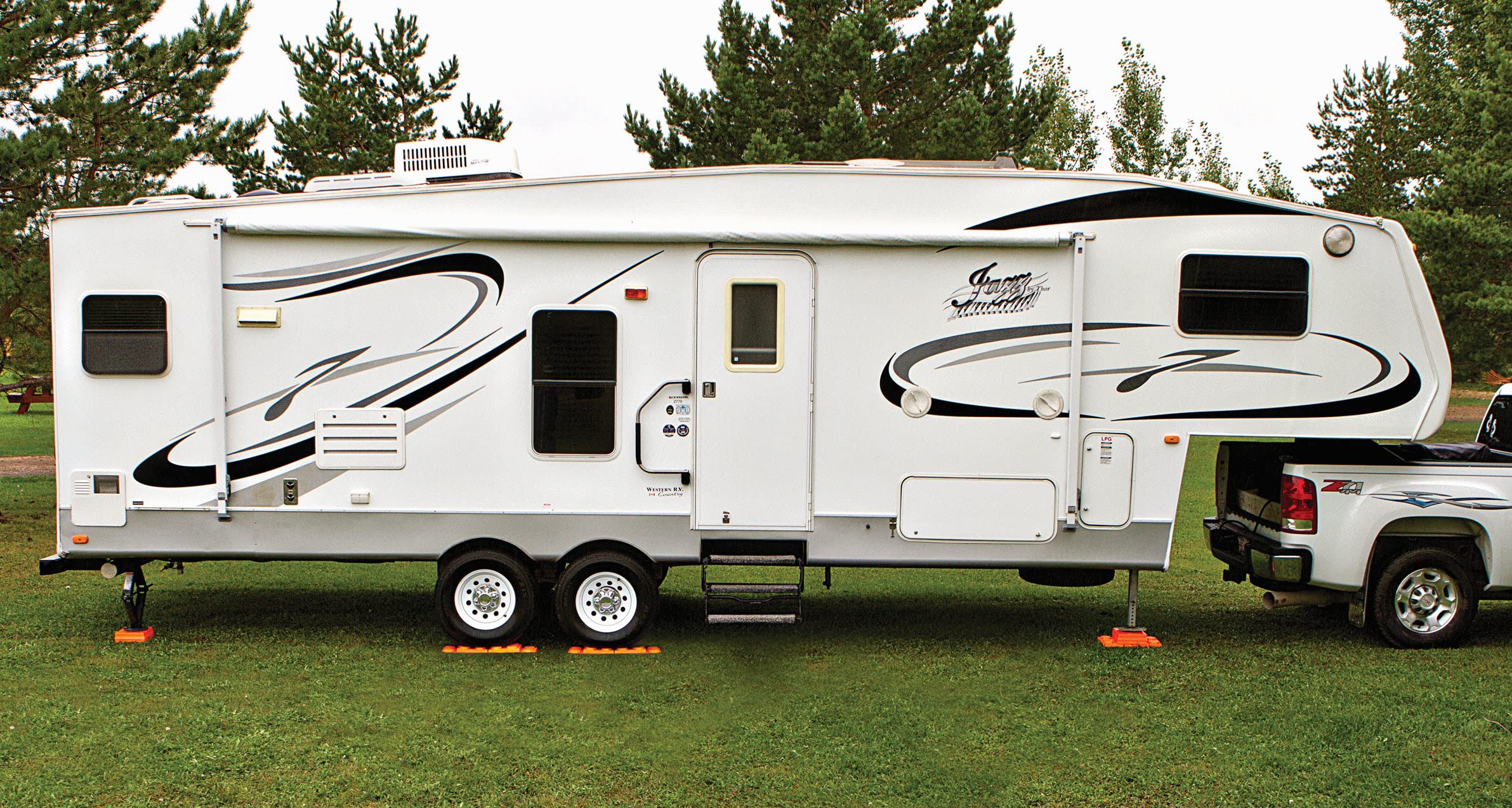 Tri-Lynx Lynx levelers under single wheel for improved stability during camping
