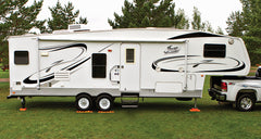 Tri-Lynx Lynx levelers under single wheel for improved stability during camping