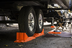 Tri-Lynx Stop N Chock interlocks with Lynx Levelers for stable RV setup.