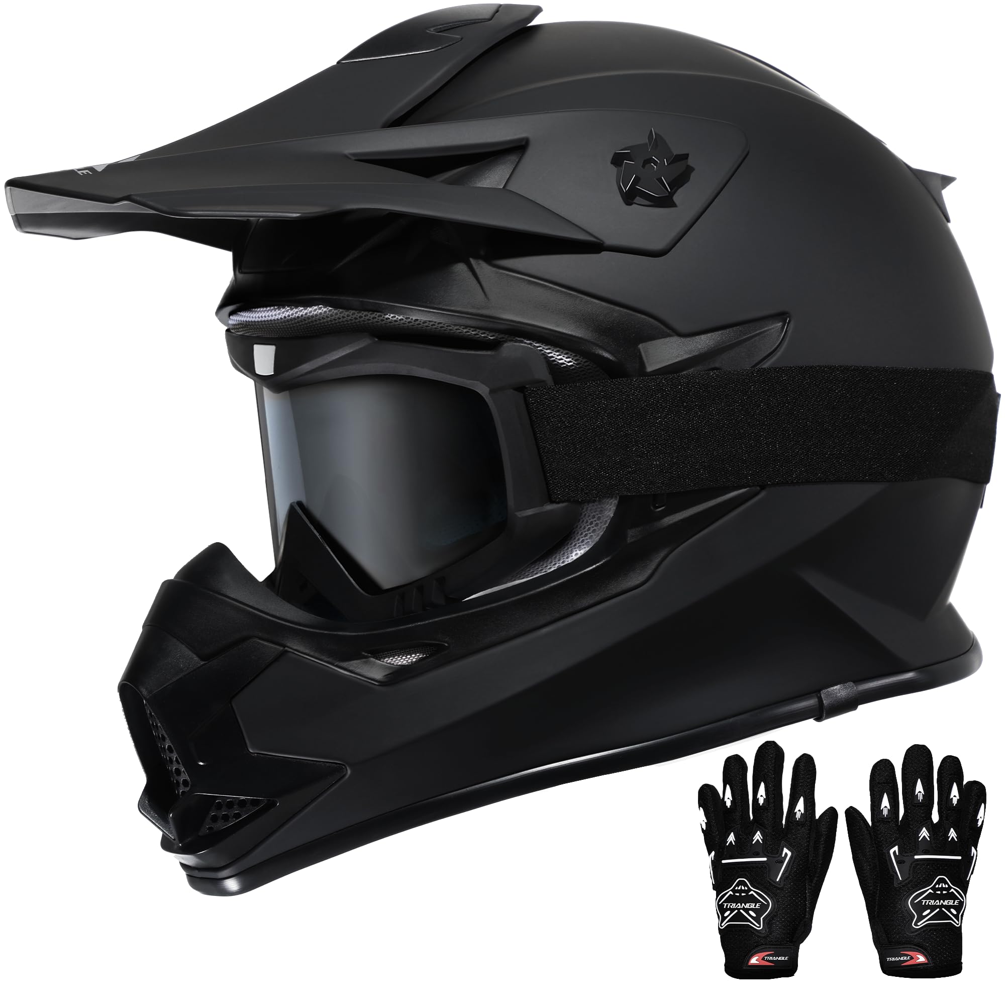 Triangle adult dirt bike helmet front view with DOT safety certification for off-road protection.