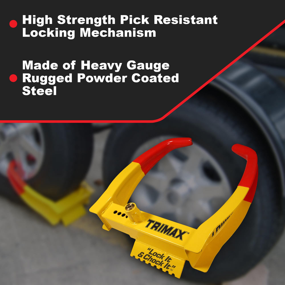 Trimax TCL75 installed on a trailer wheel for secure locking.