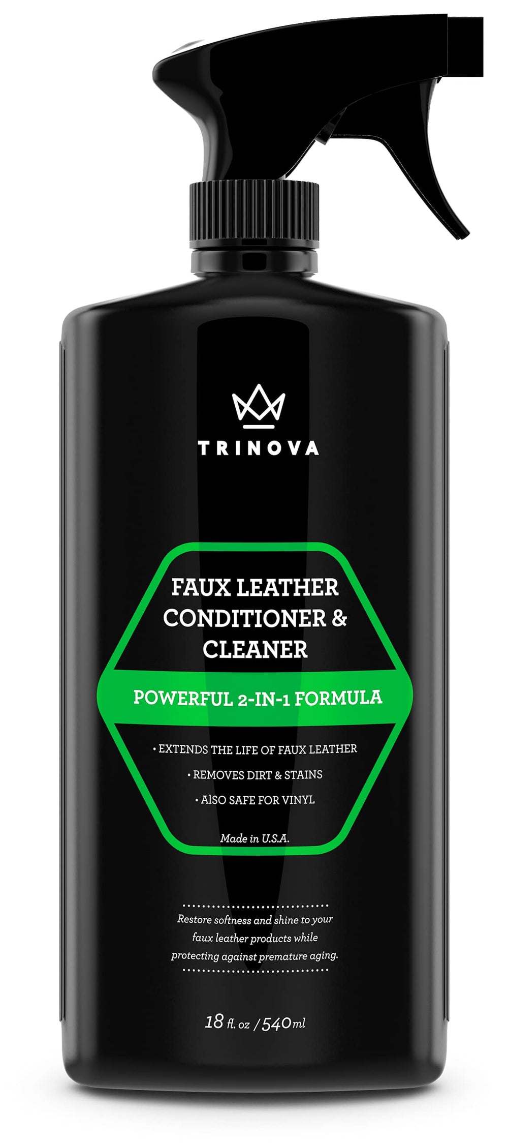 TriNova Faux Leather Cleaner bottle pouring to revitalize synthetic leather surfaces.