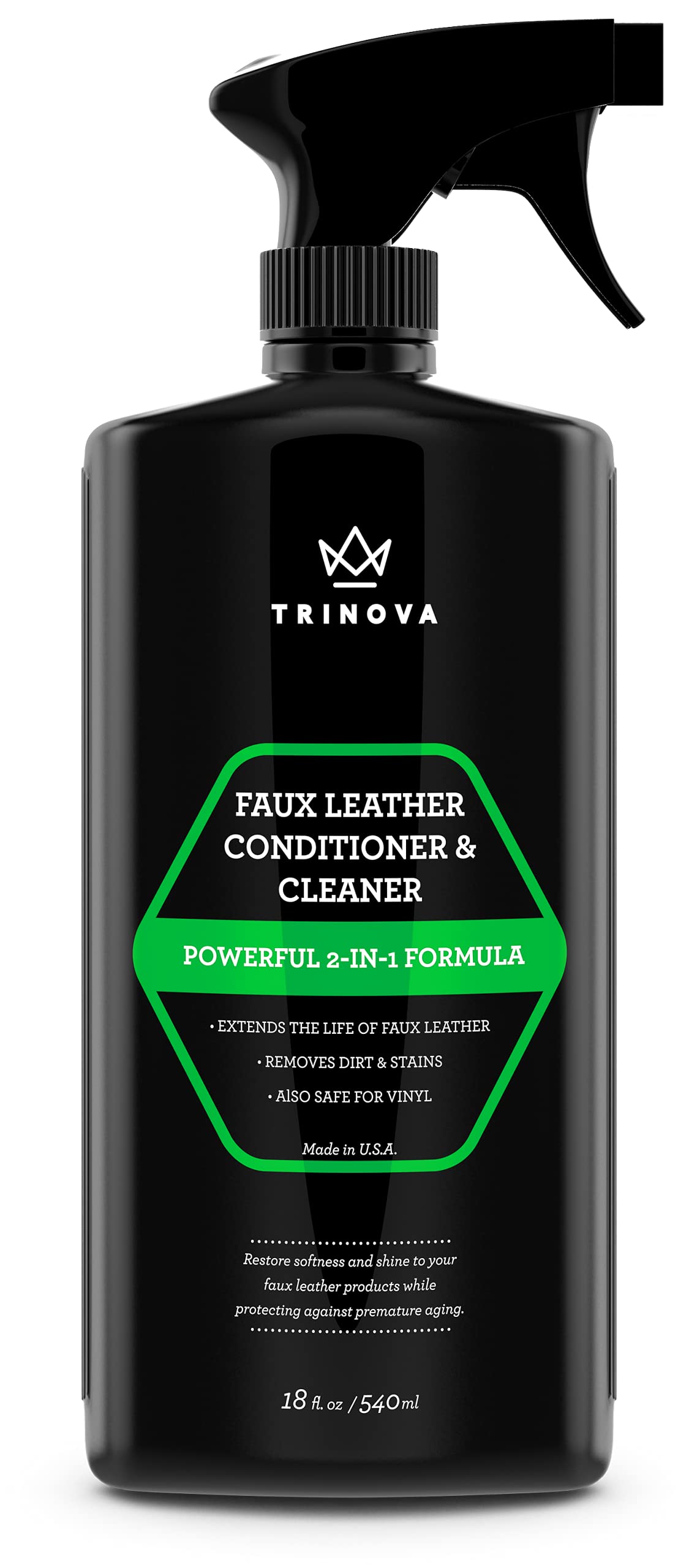 TriNova Faux Leather Cleaner bottle pouring to revitalize synthetic leather surfaces.