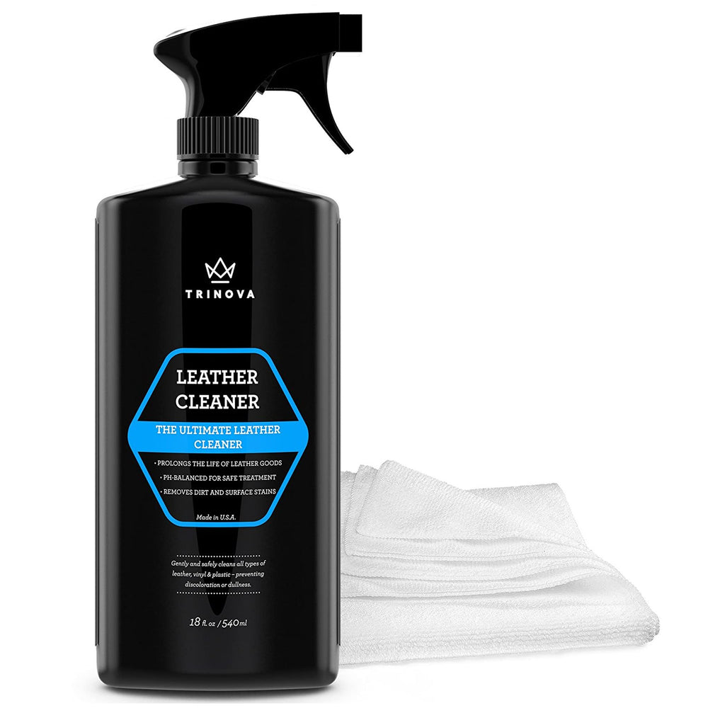 TriNova Leather Cleaner bottle pour for quick leather refresh