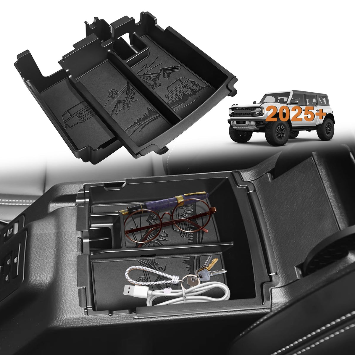 TripleAliners center console Bronco 2025 two-layer leather-trim for organized storage