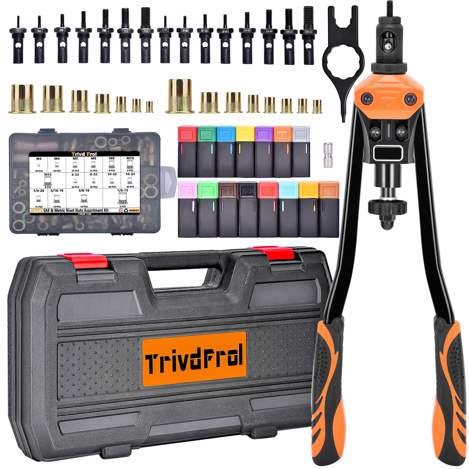 Trivd Frol 16in rivet nut tool front view, sturdy build for reliable riveting