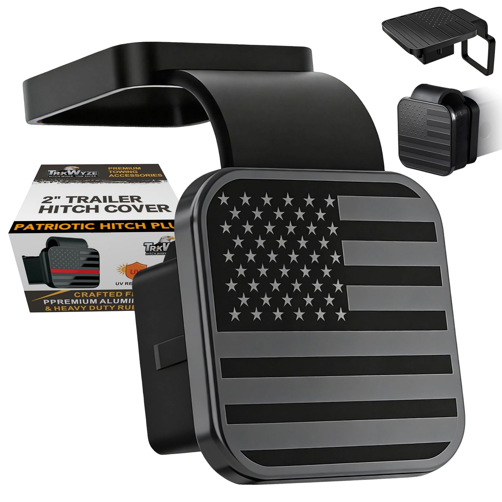 TrkWyze 2in hitch cover with flag plate shows secure aluminum design with peel resistance