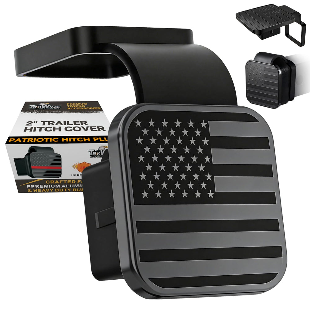 TrkWyze 2in hitch cover with flag plate shows secure aluminum design with peel resistance