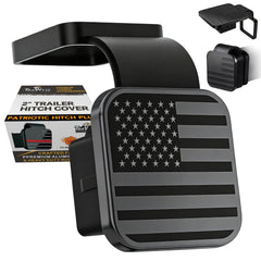 TrkWyze 2in hitch cover with flag plate shows secure aluminum design with peel resistance