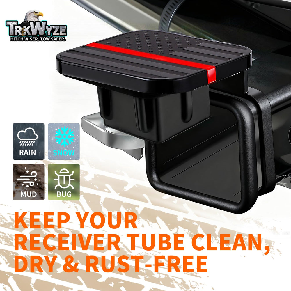 TrkWyze hitch cover fits 2-inch receivers for trucks and SUVs.