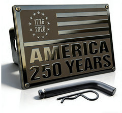 TrkWyze American flag hitch cover on display, patriotic trailer accessory for pride on the road