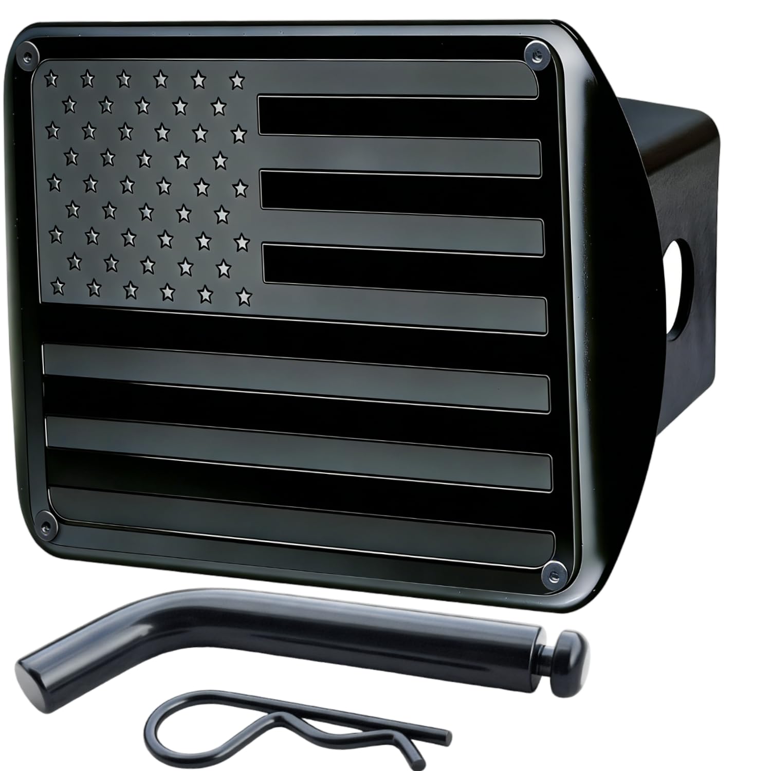 TrkWyze American flag hitch cover in 2-inch receiver for durable outdoor use.