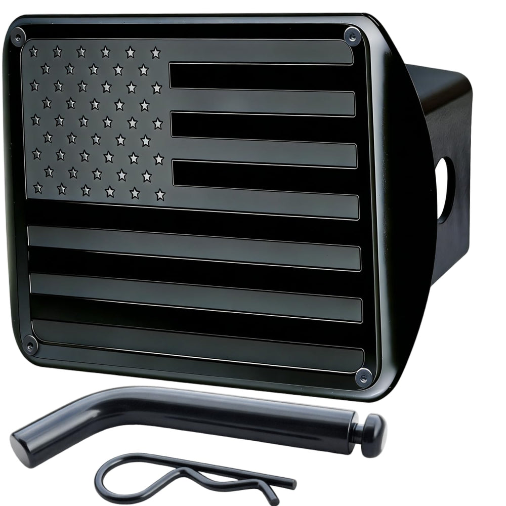 TrkWyze American flag hitch cover in 2-inch receiver for durable outdoor use.