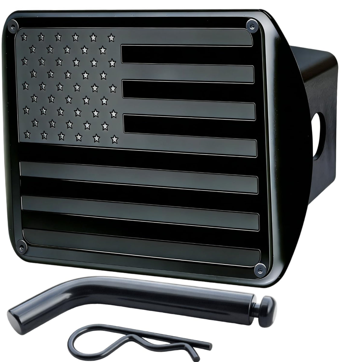 TrkWyze American flag hitch cover in 2-inch receiver for durable outdoor use.
