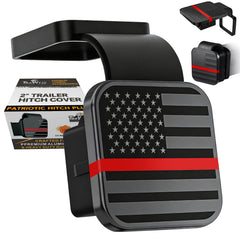 TrkWyze American flag hitch cover with red line plate, durable and secure.