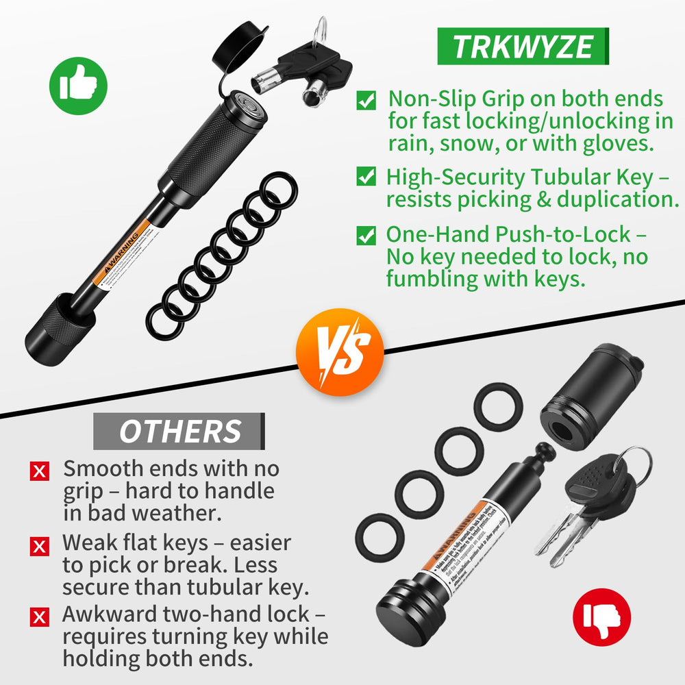 TrkWyze carbon steel hitch lock coated in black for rugged rust resistance.
