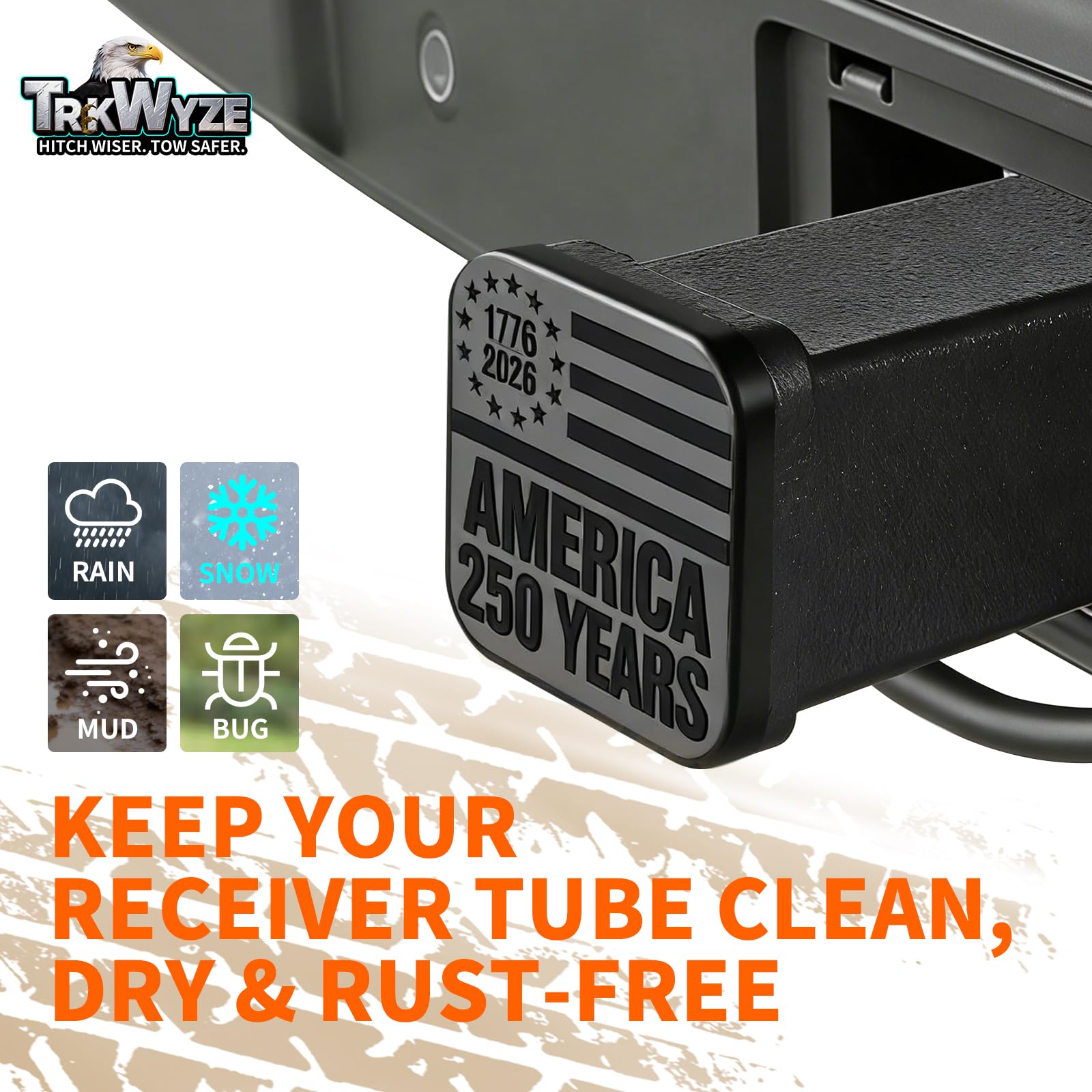 TrkWyze embossed flag plate closeup shows locking flaps for secure, lasting fit