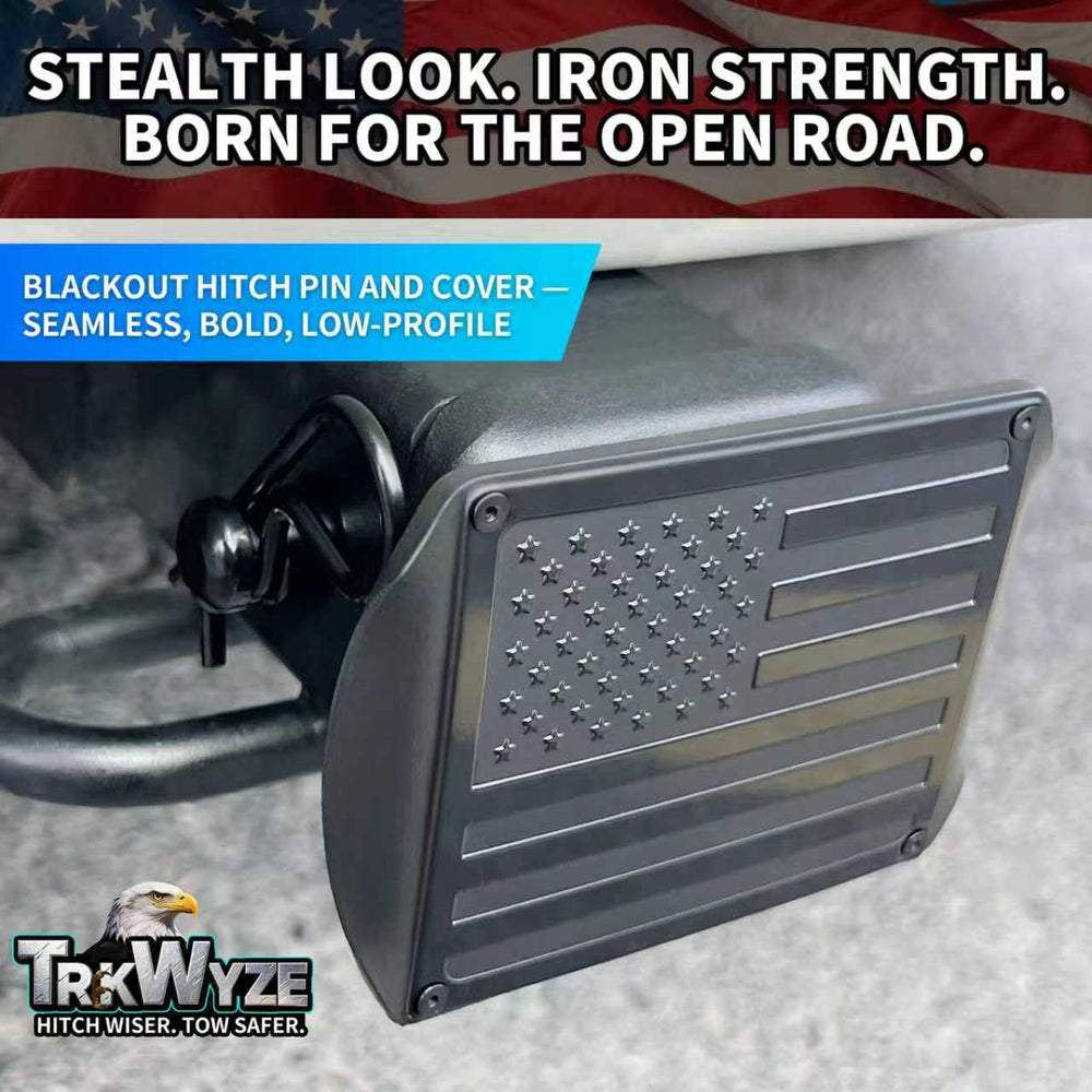 TrkWyze riveted aluminum flag emblem adds rugged patriotic flair.