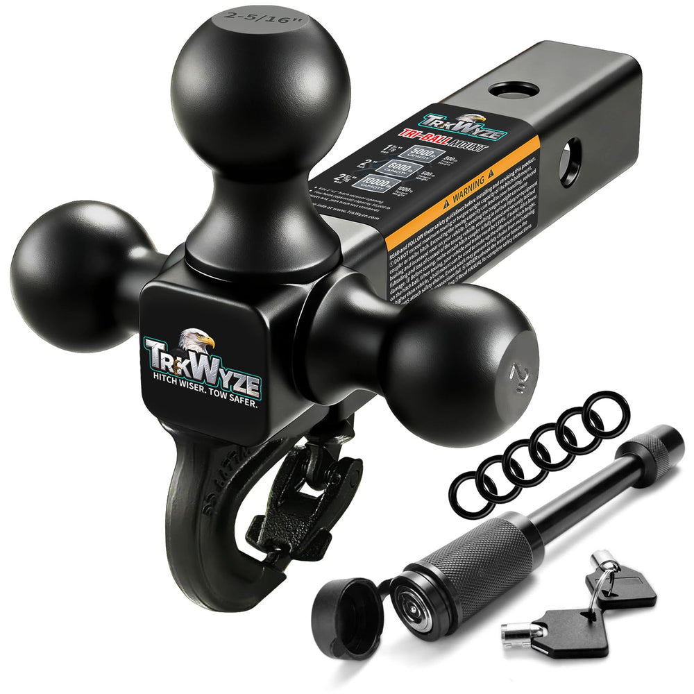TrkWyze tri-ball hitch with 1-7/8-inch ball for versatile towing options.