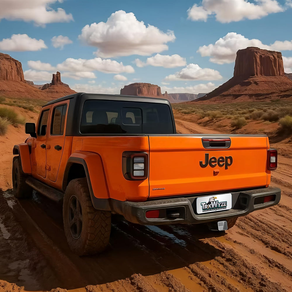 TrkWyze weatherproof hitch cover endures rain snow and salt
