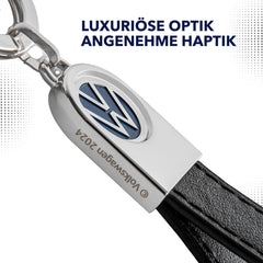 Troika VW logo keyring black leather strap for sleek everyday carry.