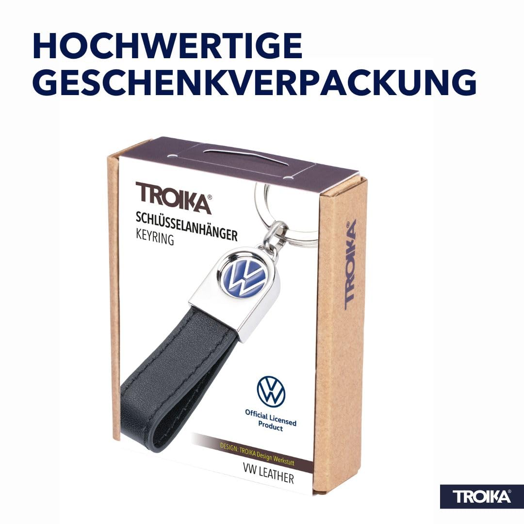 Troika VW logo keyring closeup highlighting clear branding and craftsmanship.