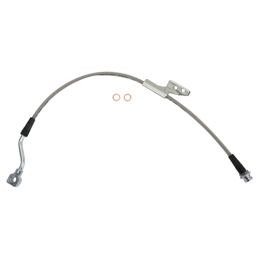 TRQ stainless steel brake hose core close-up highlighting corrosion resistance.