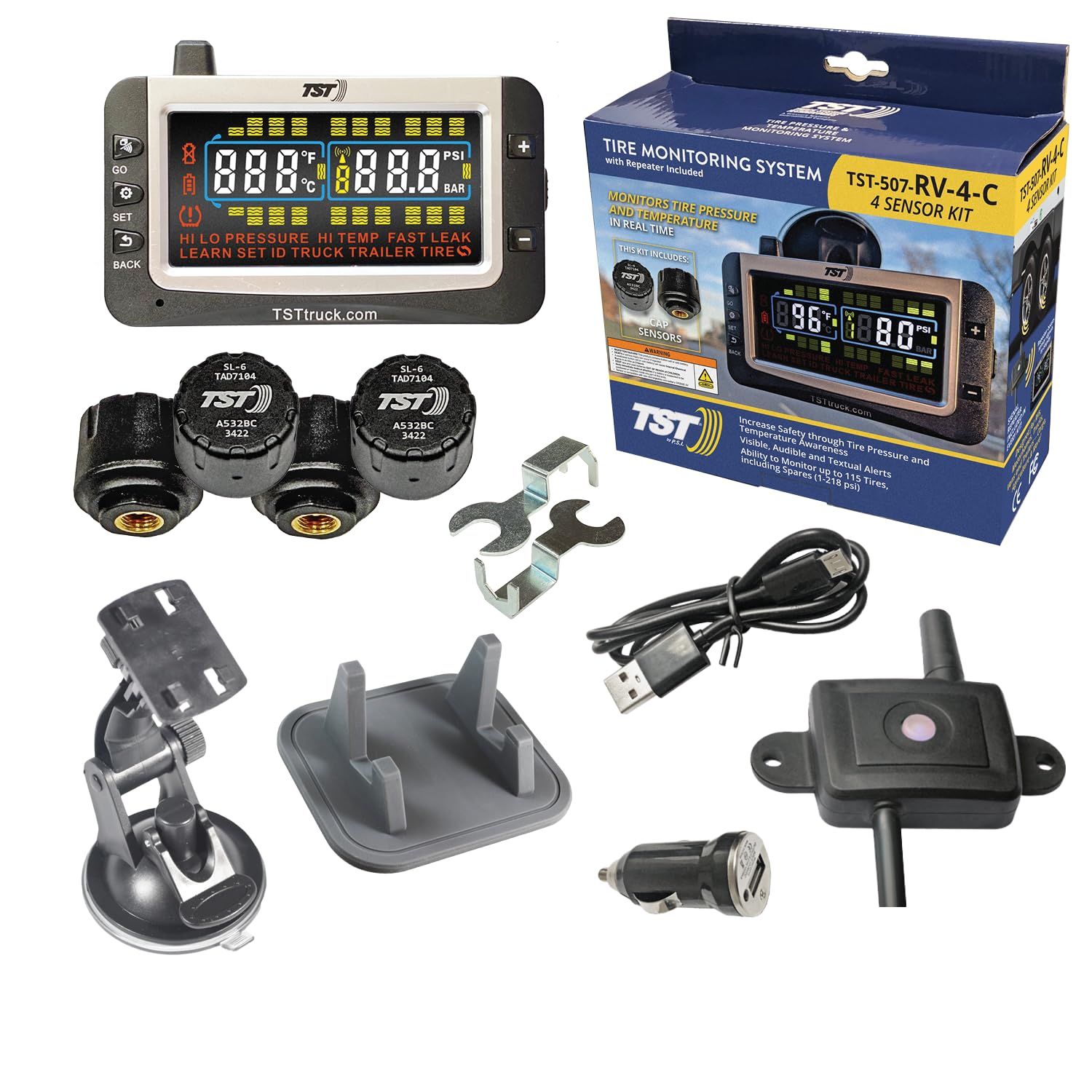 TRUCK SYSTMS TST507 display shows a bright TPMS interface for RV safety