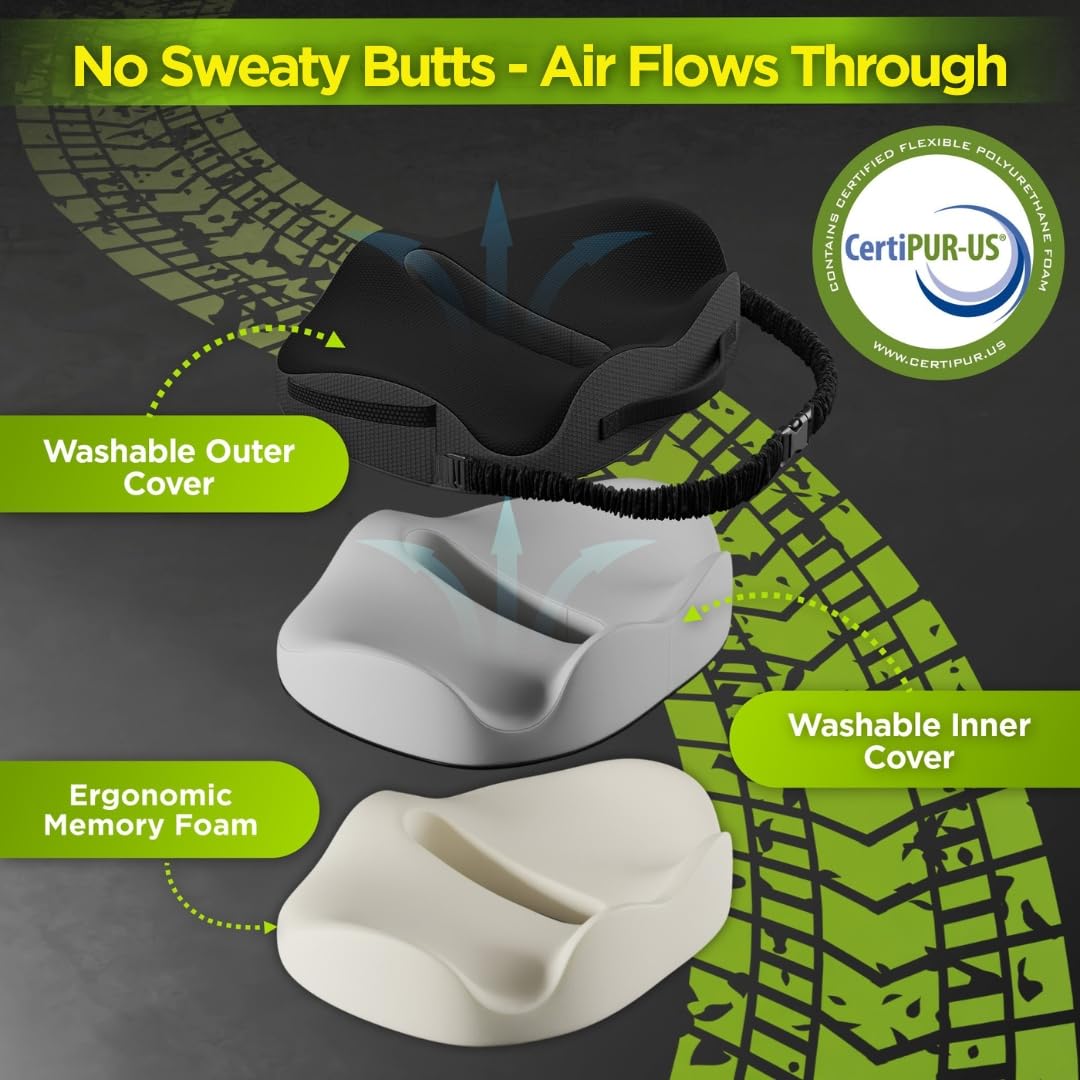 Dense memory foam provides steady support for extended drives.