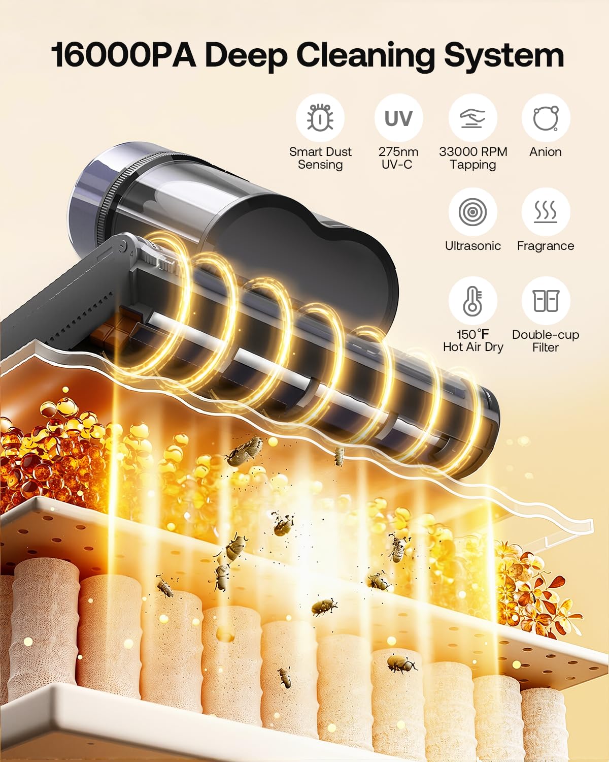 Trucozie delivers 16KPa suction to lift pet hair from sofas and beds.