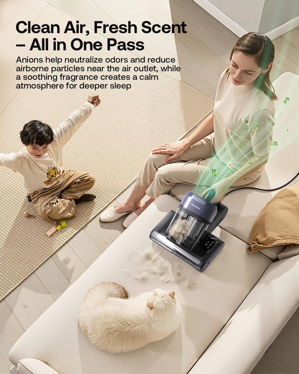 Trucozie includes anion tech and aromatherapy tablets for a fresher space.