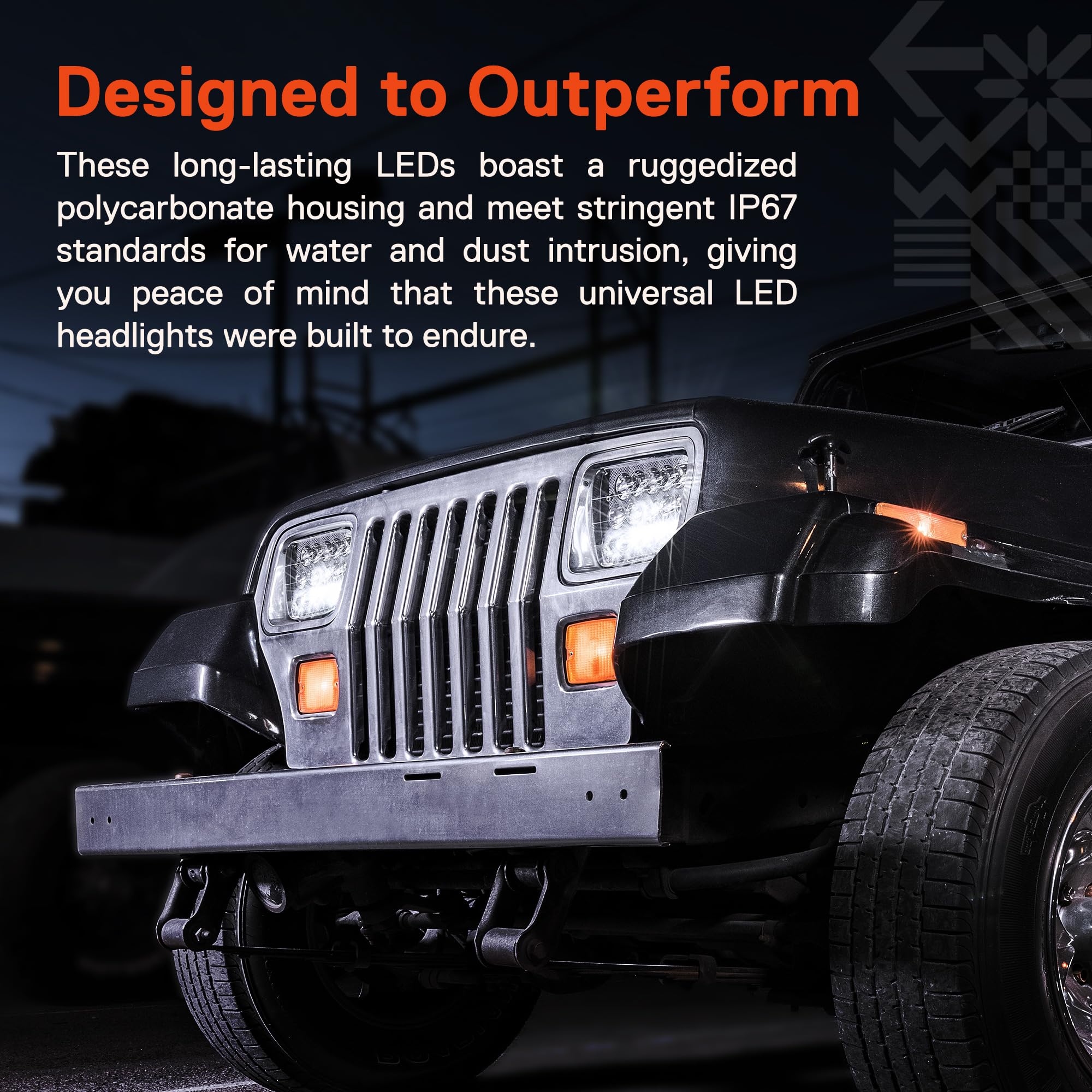 7x6 5x7 LED headlight delivers 6000K daylight-like beam for clear night visibility.