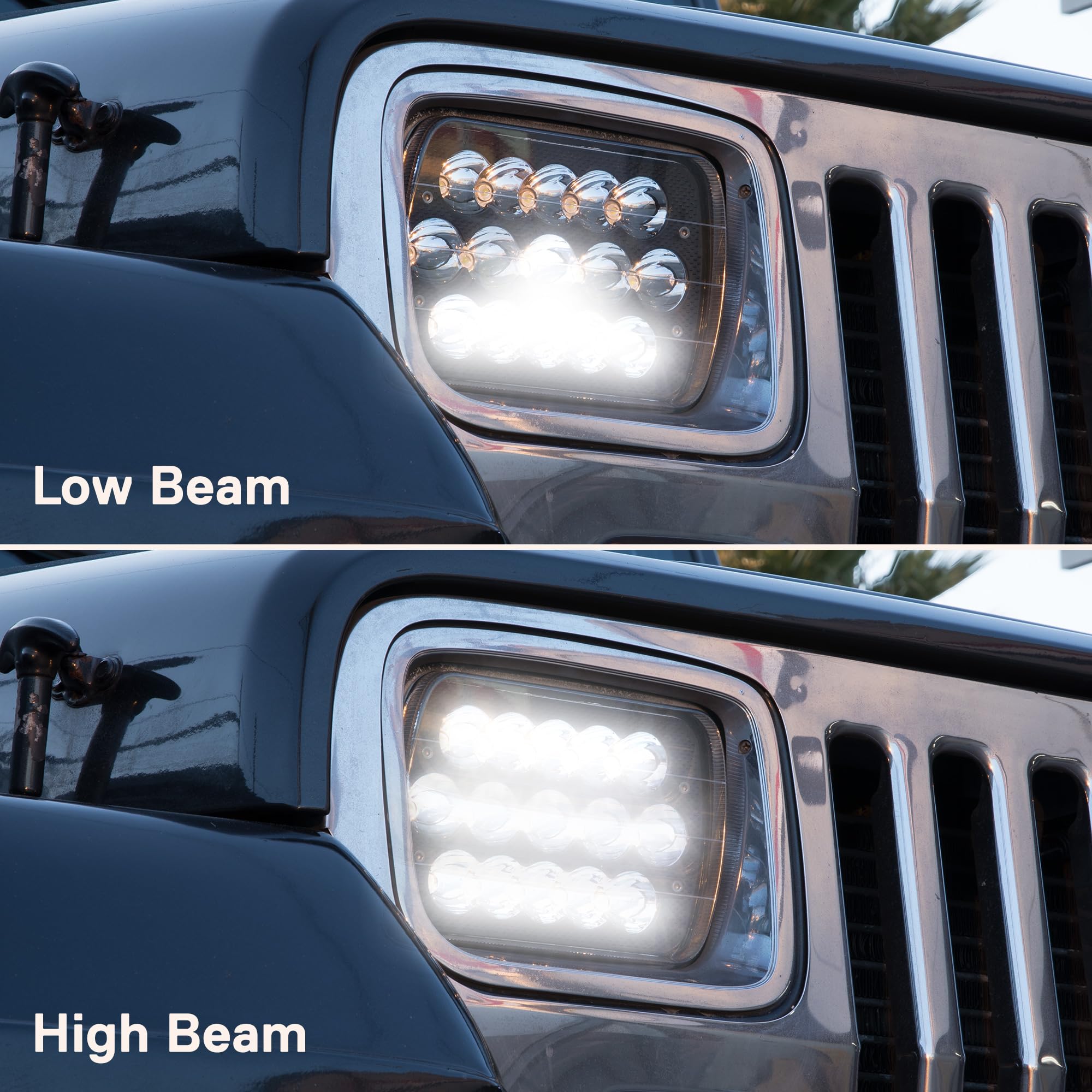 True Mods black housing LED headlights upgrade for Jeep Wrangler YJ and rugged look.