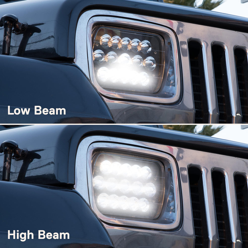 True Mods black housing LED headlights upgrade for Jeep Wrangler YJ and rugged look.